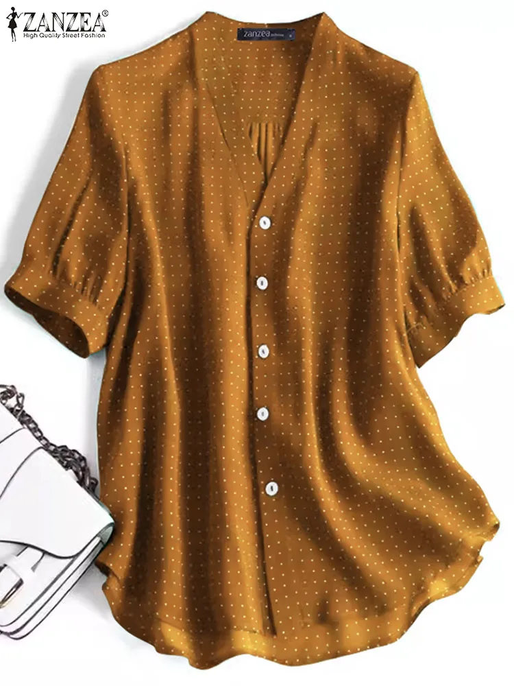 

ZANZEA Elegant V-neck Buttons Tunics Women Casual Dots Blouse 2024 Summer Lantern Short Sleeve Shirt Fashion Office Loose Blusas