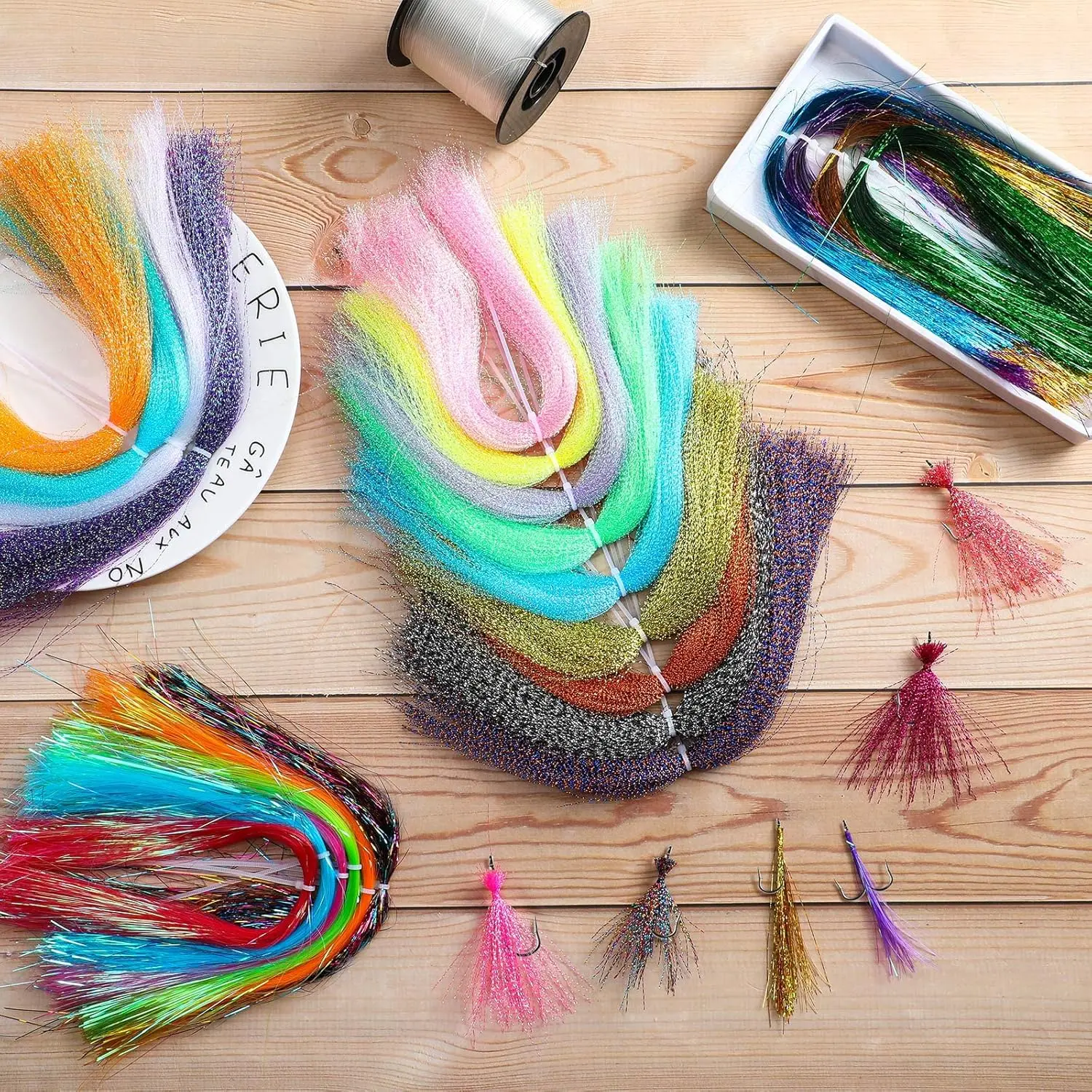 TAKBAS 10 Packungen/Set Flash-Bindematerialien zum Fliegenfischen, 15 verschiedene Farben, ideale Fliegenfischschnur, Jig-Haken-Köder-Dekoration