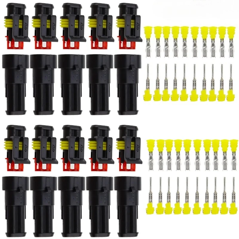 10 Kits de Conectores Elétricos à Prova d'Água de 2 Pinos com Terminais de 1.5mm, Soquete Selado para Lâmpada Xenon HID Automotiva para Carro e Moto