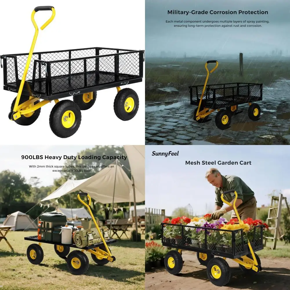 

900 Lbs Capacity Heavy Duty Mesh Steel Garden Cart, Folding Utility Wagon with Removable Sides,10 Inch Flat Free Tires, Black &