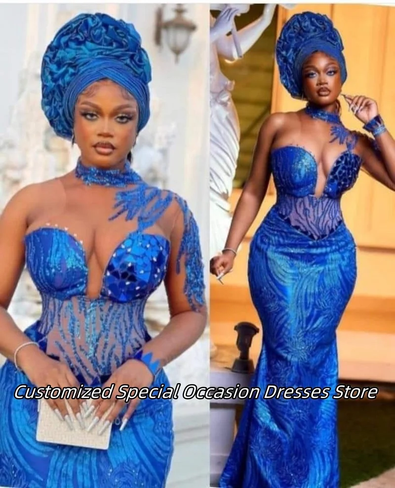 Vestidos de Noche de un hombro para mujer, color azul real, Aso Ebi, vestido largo de sirena para graduación, vestidos de fiesta de boda con taladro de cristal personalizados