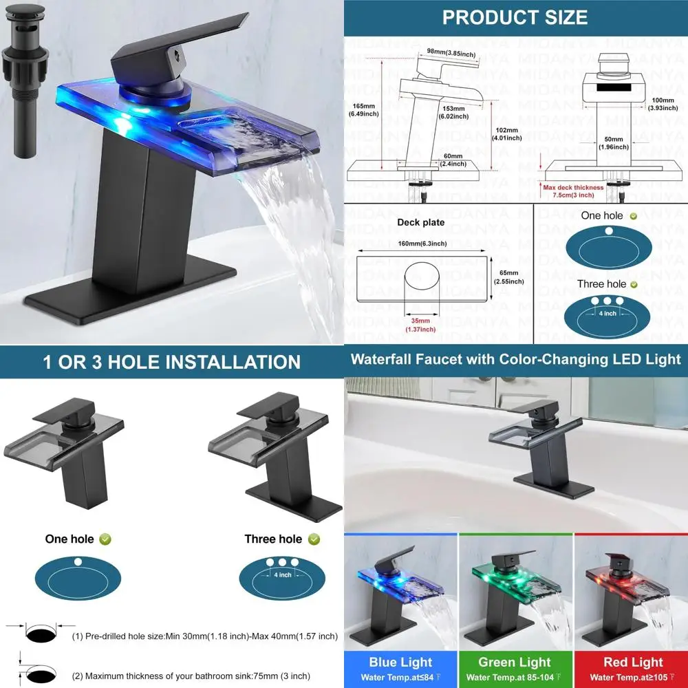 

Color-Changing Single Handle Waterfall Bathroom Sink Faucet for RV Vanity, 1 Hole Installation, LED Illuminated Vanity Faucets
