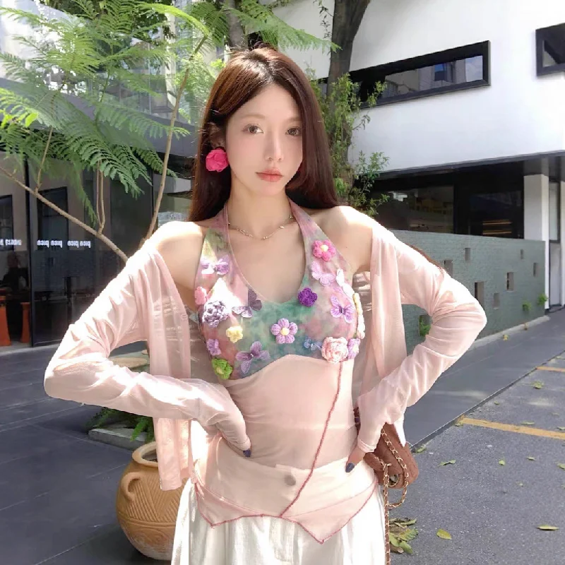 

Женская летняя сексуальная майка без рукавов с 3d цветами и бретелькой на шее, женская уличная одежда, микропрозрачная майка с v-образным вырезом, комплект из 2 предметов