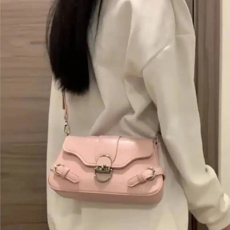Bloom Vintage Pink Shoulder Women High Street Elegant Leather Y2k Handbag Female Retro Casual Crossbody Bags Bolsos Chic
