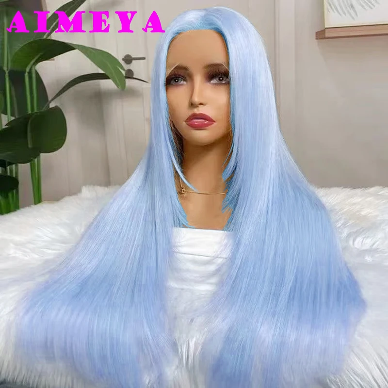 AIMEYA Layered Cut Wig Platinum Blonde Lace Front Wig Long Straight Synthetic Lace Wig Heat Resistant Blonde Wigs for Women