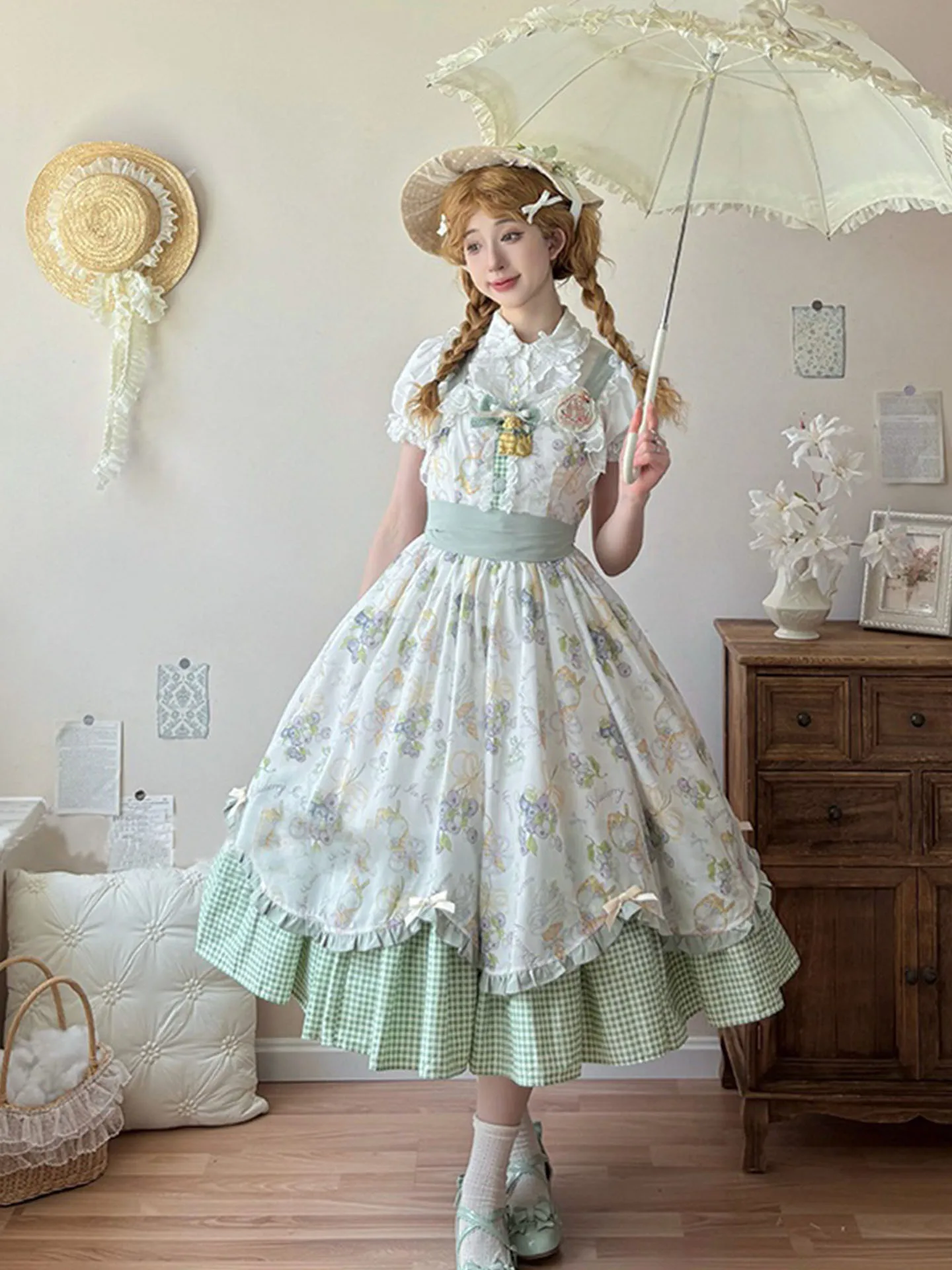 Elegante set gonna e camicetta stile country Lolita per donne taglie forti, abito principessa a maniche corte in fibra di poliestere traspirante