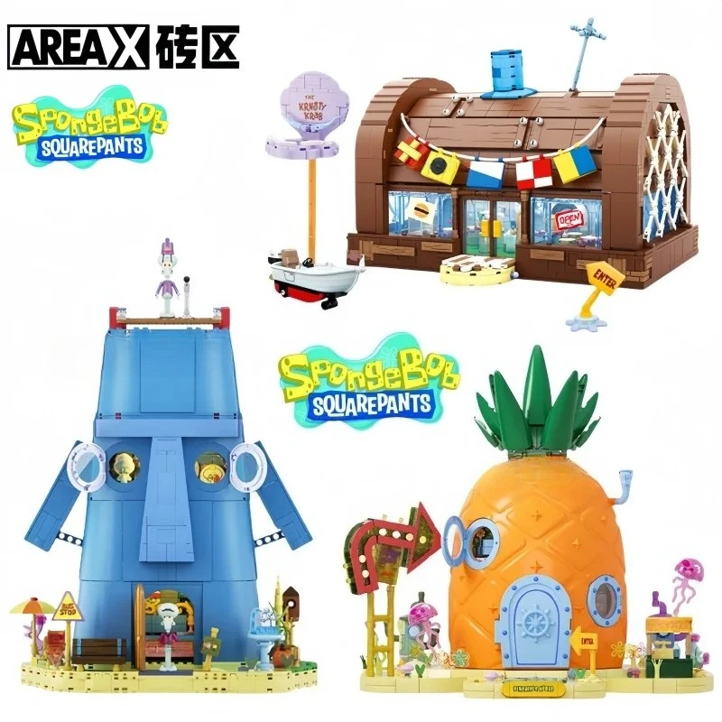 Klocki Anime SpongeBob Kanciastoporty Seria Dom z Kamienia z Mackami Anime Krusty Krab Model Zabawka Klocki Prezenty