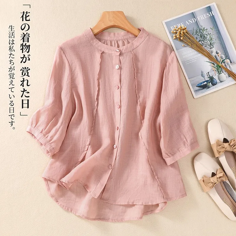 Women Casual Cotton Shirt New 2024 Summer Vintage Style Stand Collar Solid Color Loose Female Half Sleeve Tops Shirts B3724