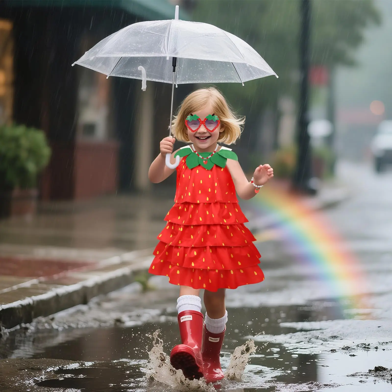 Boys Girls Halloween Strawberry Costume Girls Fruit Dress with Hat Funny Costumes Accessory Cosplay Party Dress Up