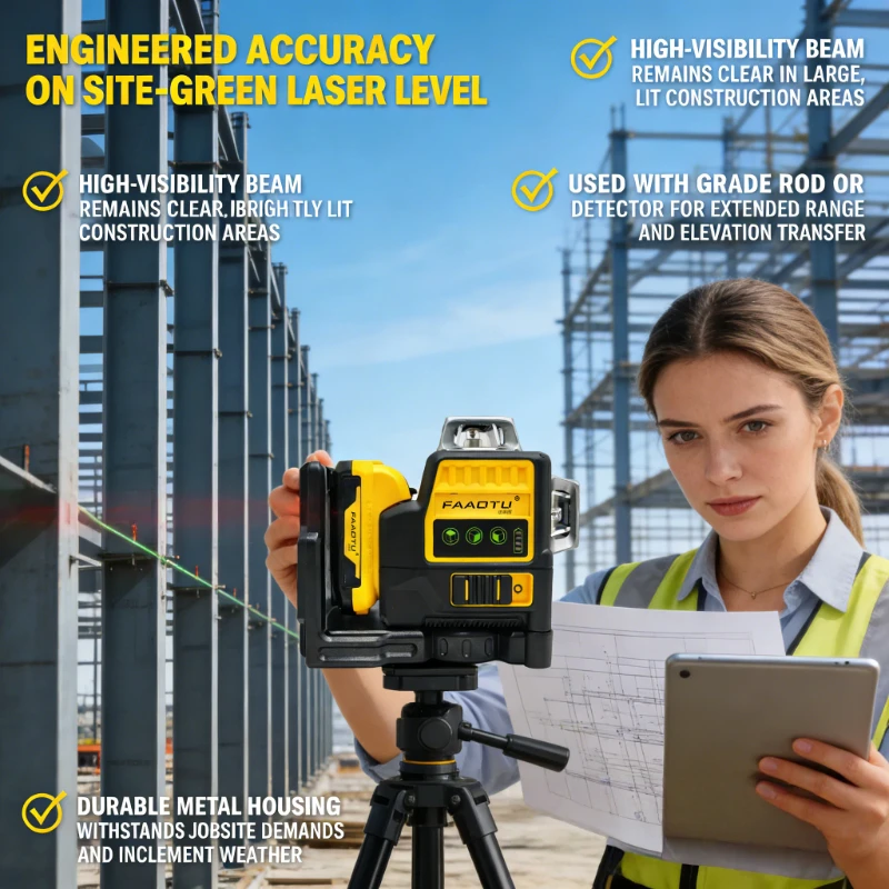 FAAOTU 089LG Professional 3-Sided 12-Line 360° Laser Level 12V DW Battery Compatible Green Laser Tool for Outdoor Use