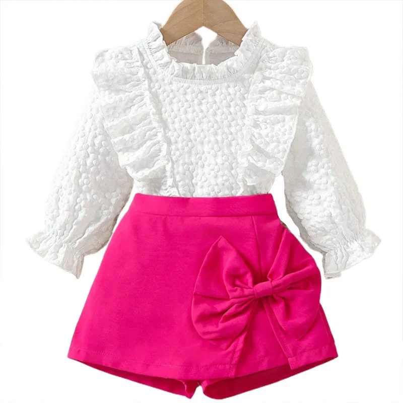 طقم مكون من قطعتين بياقة دانتيل بيضاء وأكمام طويلة مع فيونكة وردية هاكاما ملابس أطفال أنيقة ولطيفة على الموضة للأطفال فستان فتاة عادي #1