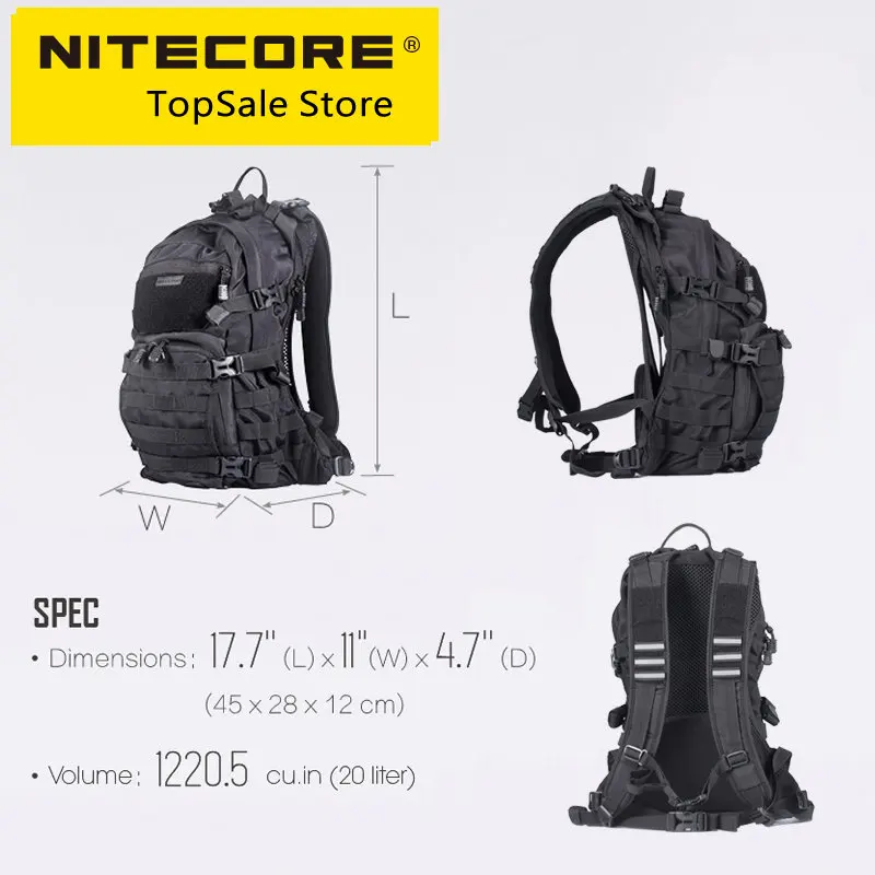 NITECORE BP20 20L Travel Backpack Commute Bag 1000D Nylon Trekking Hunting Fishing Tactical Rucksacks Molle System Male Female