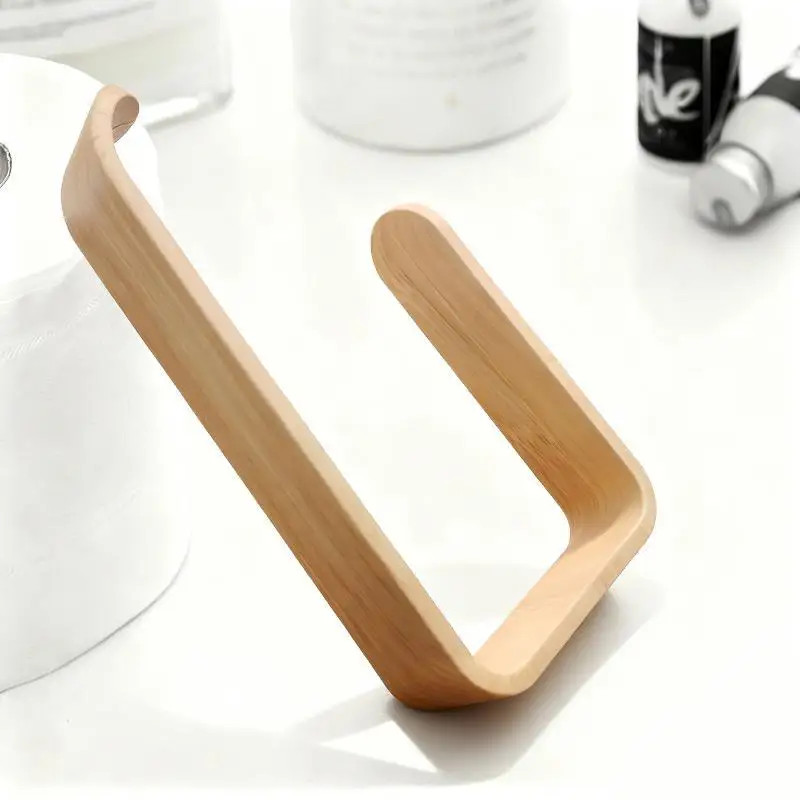 Self-Adhesive U-Shaped Toilet Roll Holder No Drill Wood Grain Wall Mount for RV Apartment Bathroom