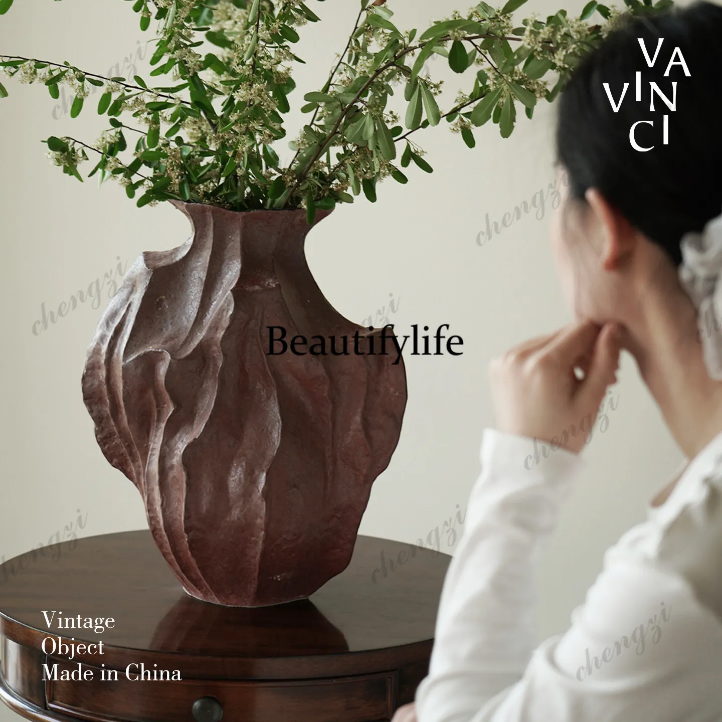 Chinese art ceramic vase brown irregular flower ware porch TV cabinet decorative ornament