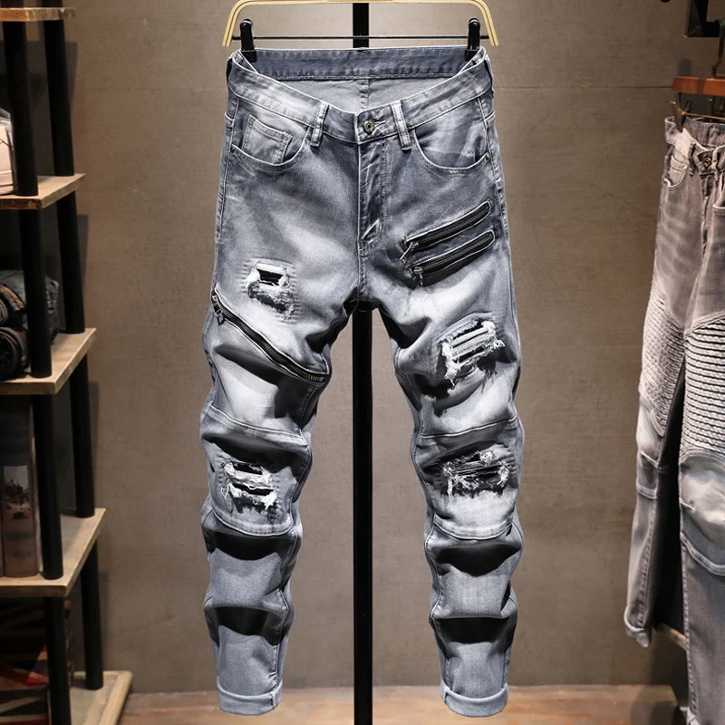 

Мужские джинсы HombreFashion: новые, с эффектом потертости, декоративной молнией, винтажные, стрейч, зауженный крой, светло-голубые, высокое качество