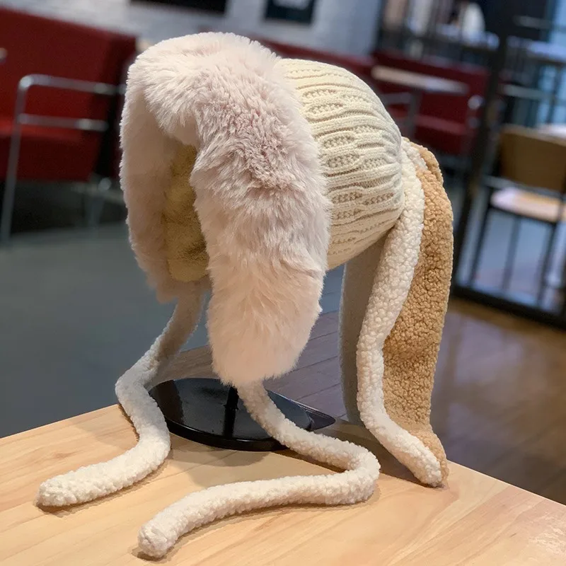 

Цельная милая теплая детская шапка-бини для мальчиков и девочек, кавайная шапка с защитой ушей кролика для малышей, мягкая пушистая зимняя шапка для холода