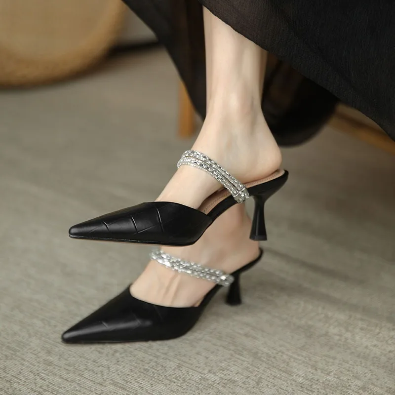 

Thin Heels Shoes Woman 2025 Shallow Cover Toe Female Slippers Low Luxury Slides New Square Designer Rome Rubber PU Fabric Fashio
