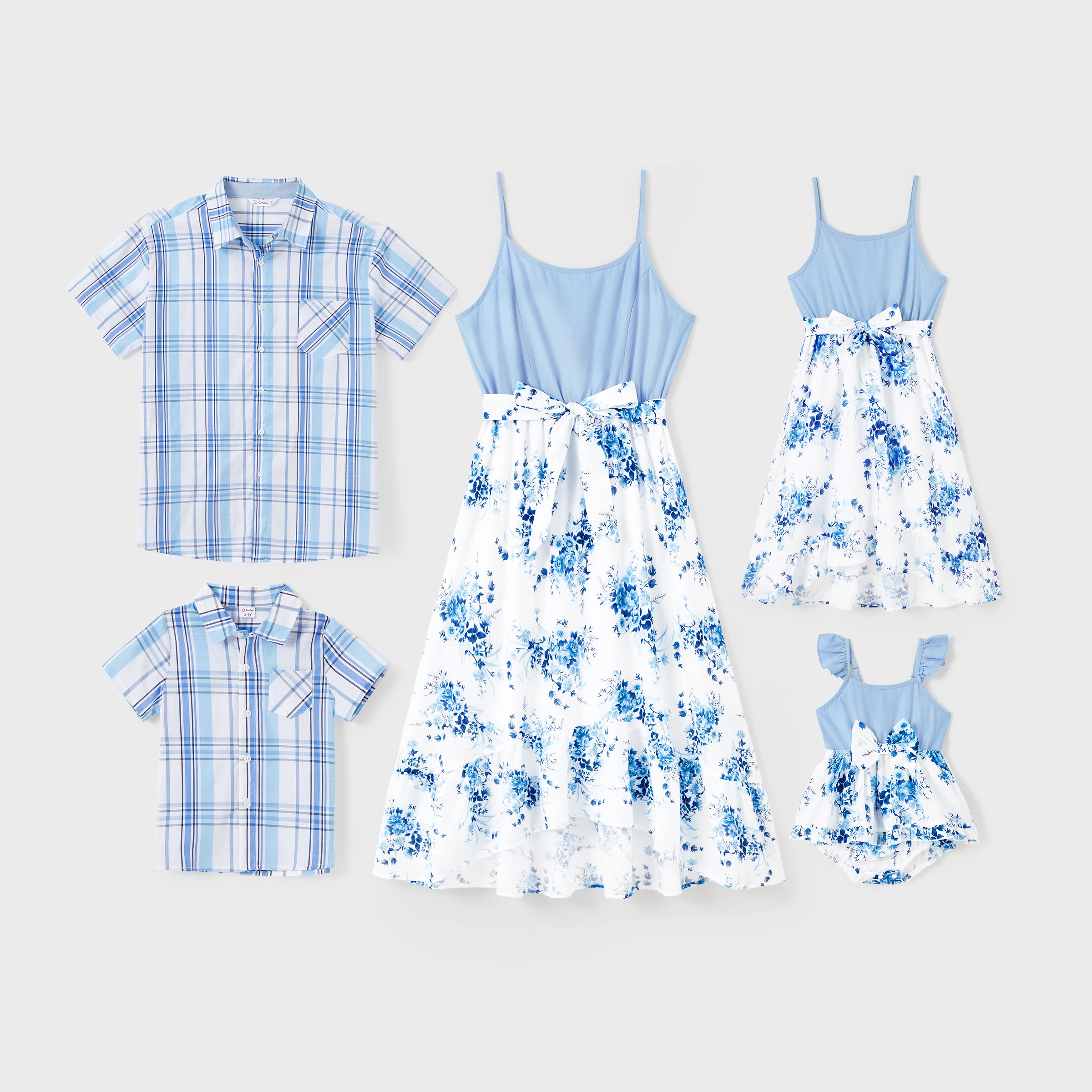 PatPat Family Matching Sets Blue Plaid Shirt or Cami Top Floral Bottom Belted Ruffle Hem Dress