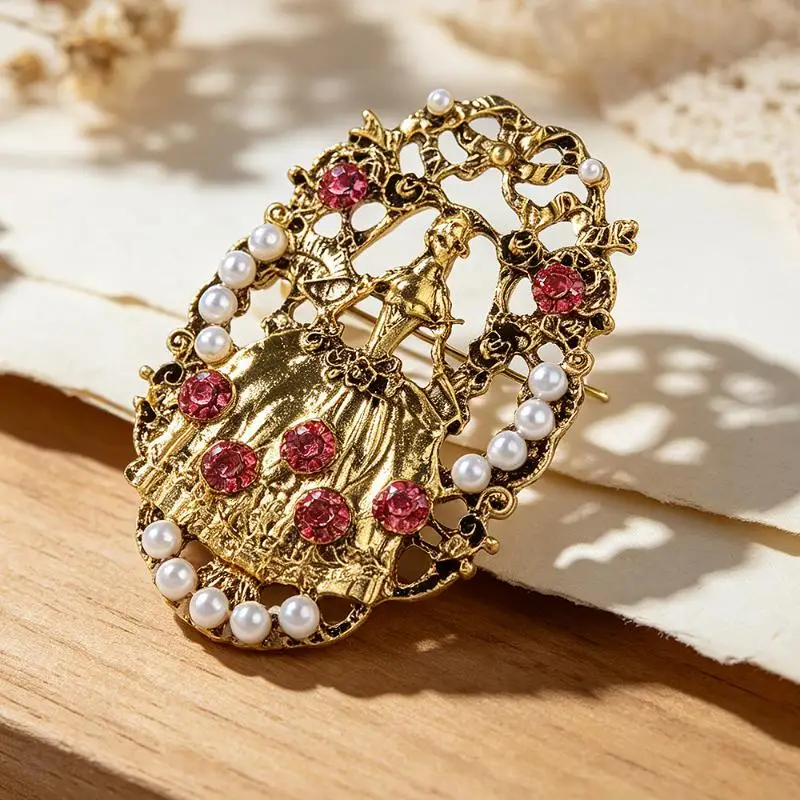 Vintage Flowers Lady Brooches For Women Wear Beautiful Dress Holding Fun Figure Pearl Round Brooch Pins Gifts