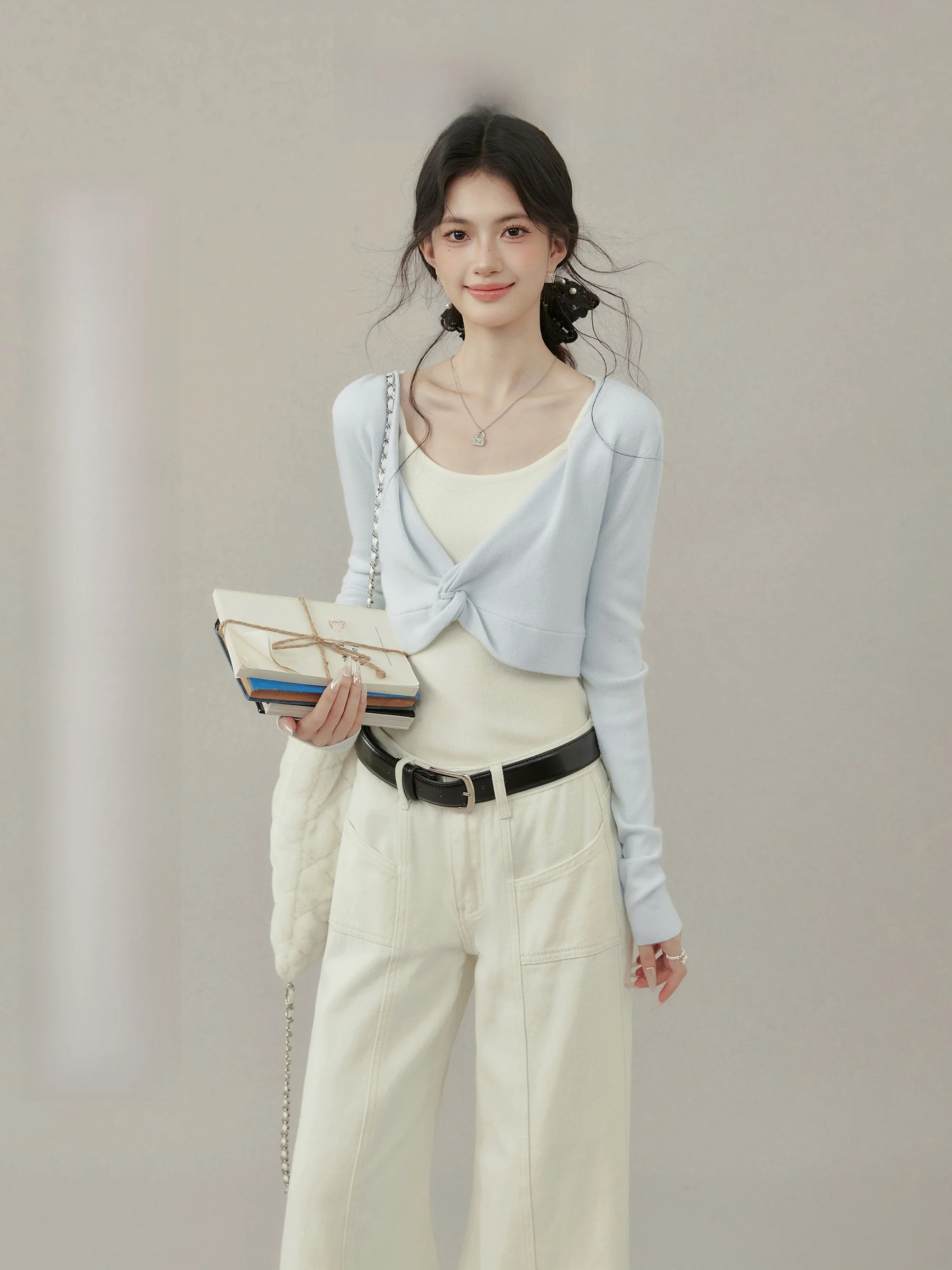 

Blue Knitted Sweater Women's Autumn Set of Two Inner And Outer Wearable Top Quali Material Long Sve for Young Girls