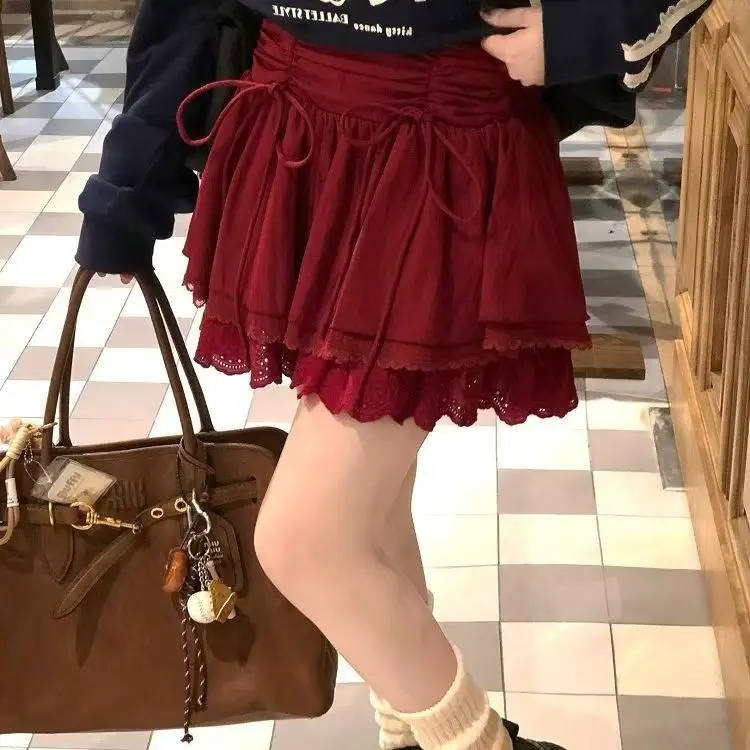

Kawaii Skirt Ballet Wine Red Cake Skirt Lace Splicing Half Body Skirt Puff Ultra Short Pants Solid Elegant Half Dress Streetwear
