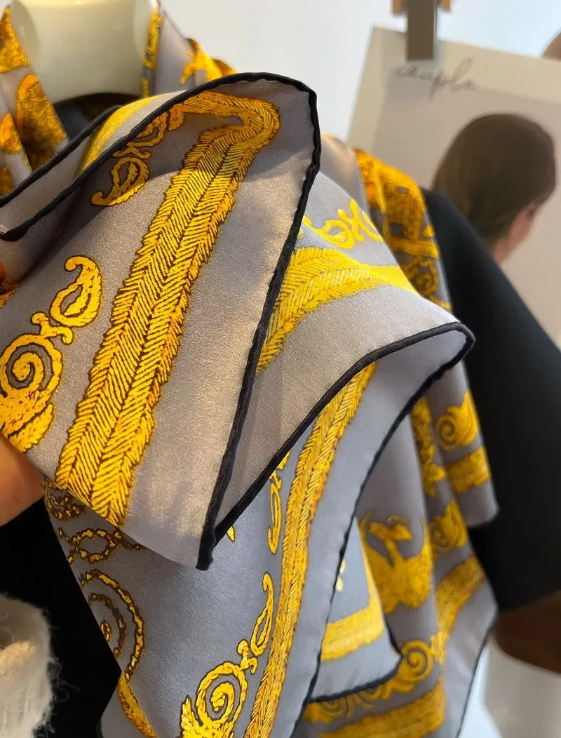 High-end Elegant Women's Exquisite The Golden Days Printed Quality Plain Satin Silk Hand-rolled Edge Large Square Scarf Shawl