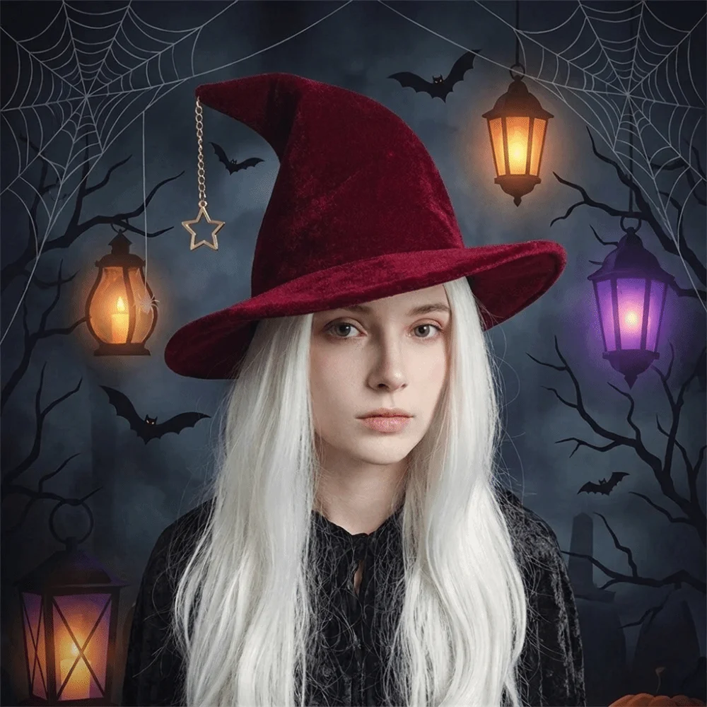 Vintage Solid Color Witch Hat Korean Style Foldable Wool Bucket Hat Wizard Cap Star Pendant Halloween Hat Party