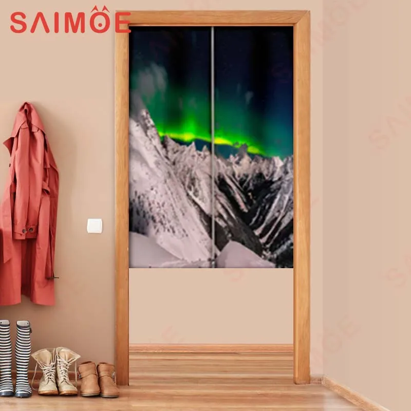 Northern Aurora Door Curtain Night Starry Sky Winter Mountain Landscape Partition Entrance Living Room Kitchen Doors Home Decor