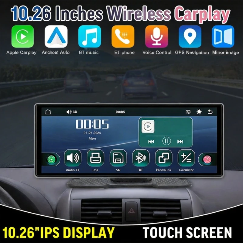 

10.26 Inch Portable Car Stereo with Wireless CarPlay & Android Auto, HD Touch Screen Car GPS Navigation Multimedia Player 12V