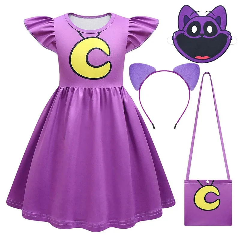 Vestido de gato morado para niños, criaturas sonrientes, catnap con sonrisa de dibujos animados, vestido veraniego para niña + bolsa, disfraz de Cosplay para niños