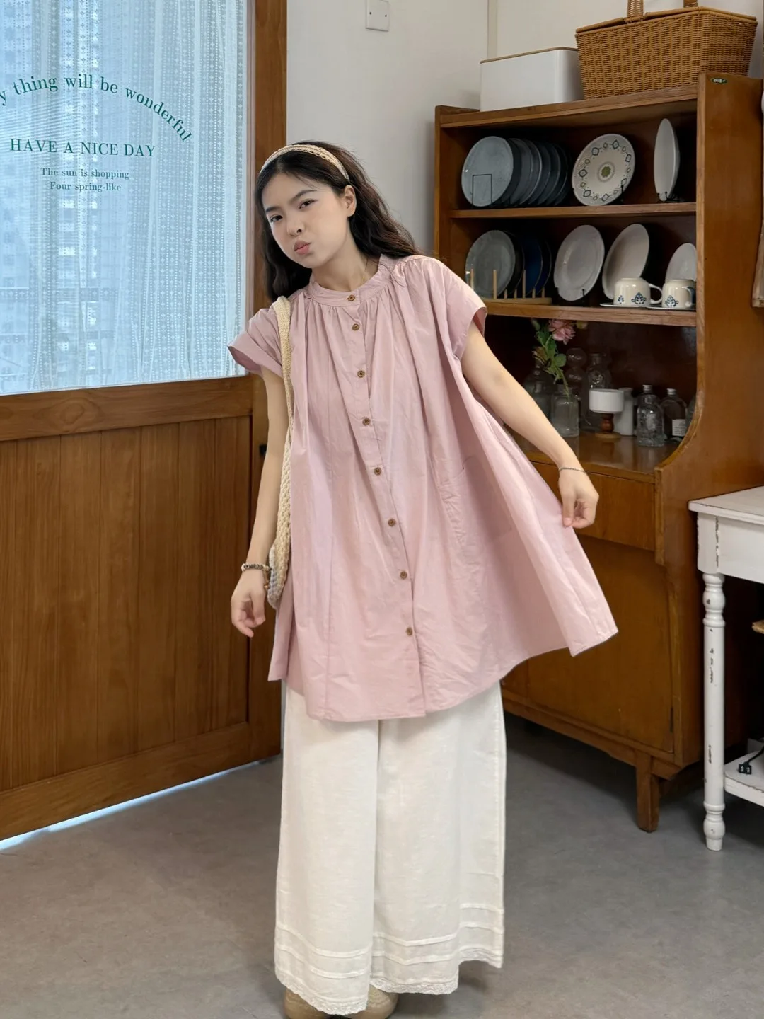 

plus Size Women's Retro Pink Loose ort Sve irt And Wide Leg Pants Set High Waist round Ne Commute Sle Korean Loose...