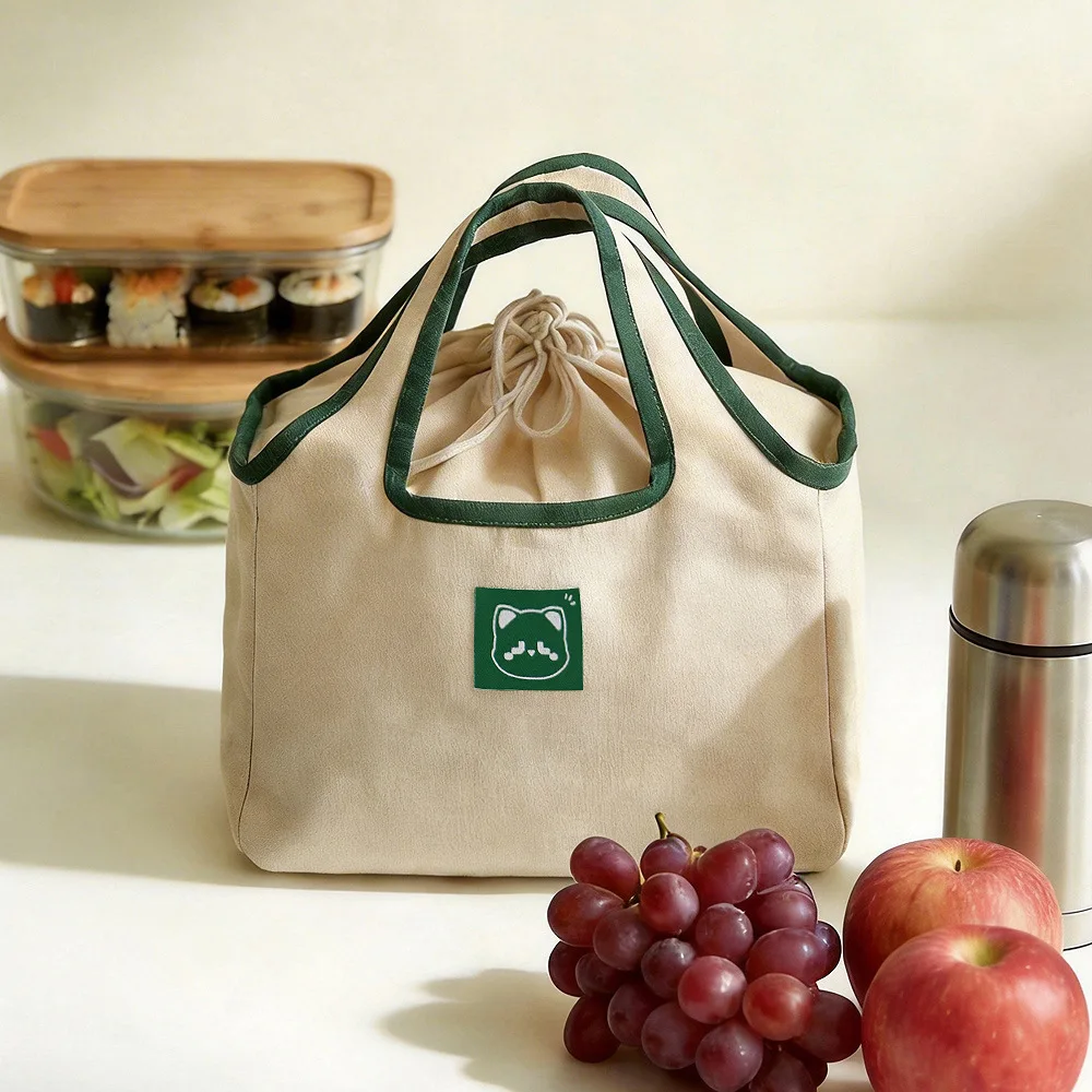 1pc Drawstring Lunch Box Bag, Large Capacity Insulated Bento Handbag, Student Office Worker Lunch Bag, Waterproof And Oil-proof