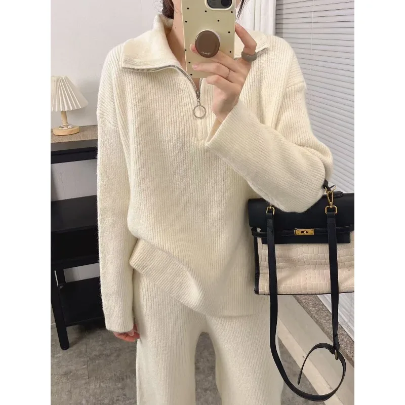Set da 2 pezzi autunno donna maglione con cerniera top pullover lavorati a maglia a maniche lunghe pantaloni a gamba larga maglione casual da donna abiti invernali