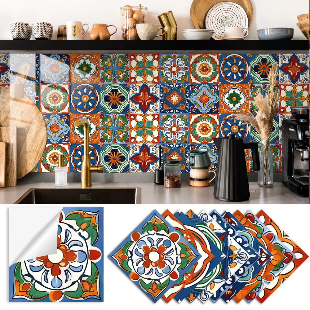 10pc Moroccan Pattern Tile Sticker, Kitchen Bathroom Renovation Self-adhesive Waterproof Sticker Wall Sticker