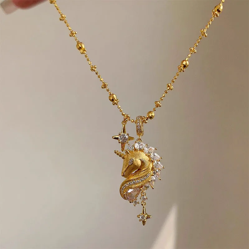 

Vintage Bucci Style Gold Rigato Unicorn Rhinestone Pendant Figaro Chain Necklaces For Women Moissanite Hexagram Choker Jewelry