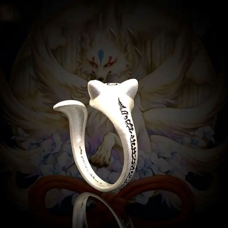 Tibetan Minority Language Sanskrit Fox Ring with Vintage Ethnic Style, Small and Small Three Dimensional Carved Fox Open Ring