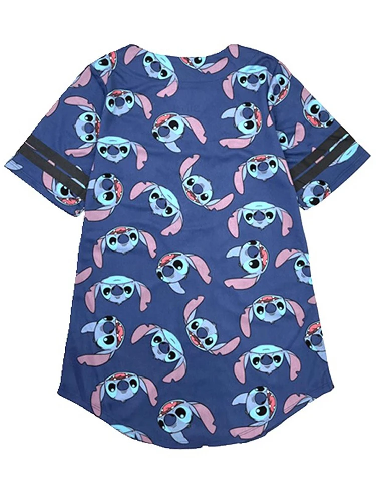 Disney Stitch Little Monster Cartoon Print Baseball Sports T-Shirt New Women Single-breasted V-Neck Short Sleeve Tee Tops Female