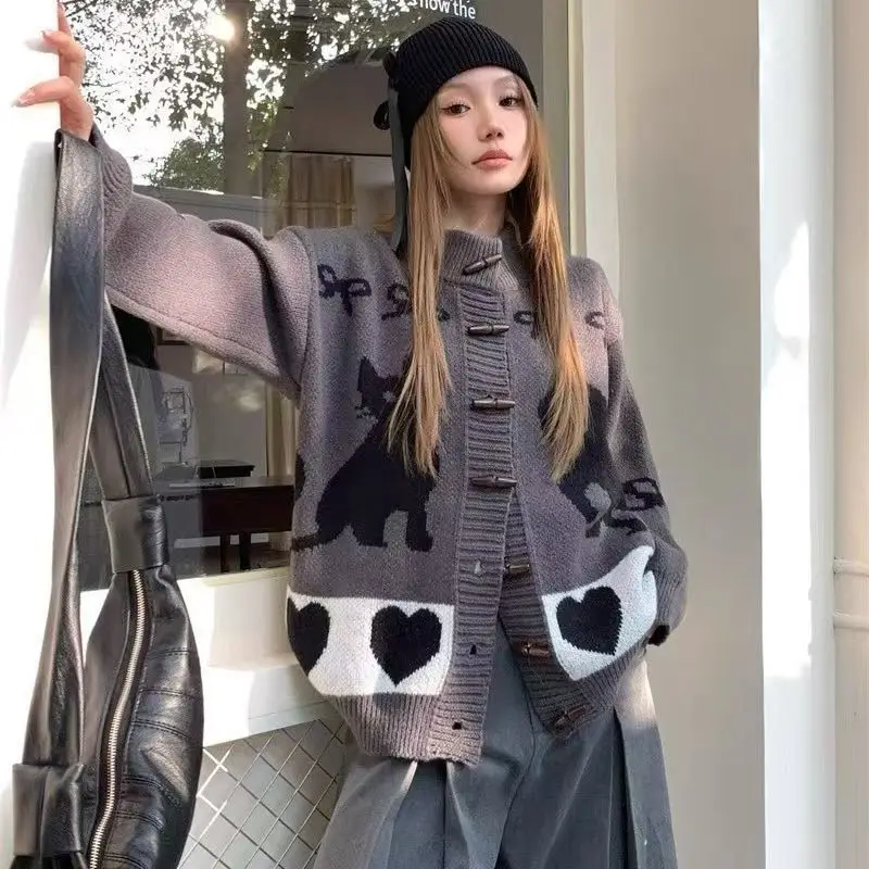 

Korean Chic Retro Horn Button Sweater Cardigan Autumn Winter New Fashion Loose Knitted Top