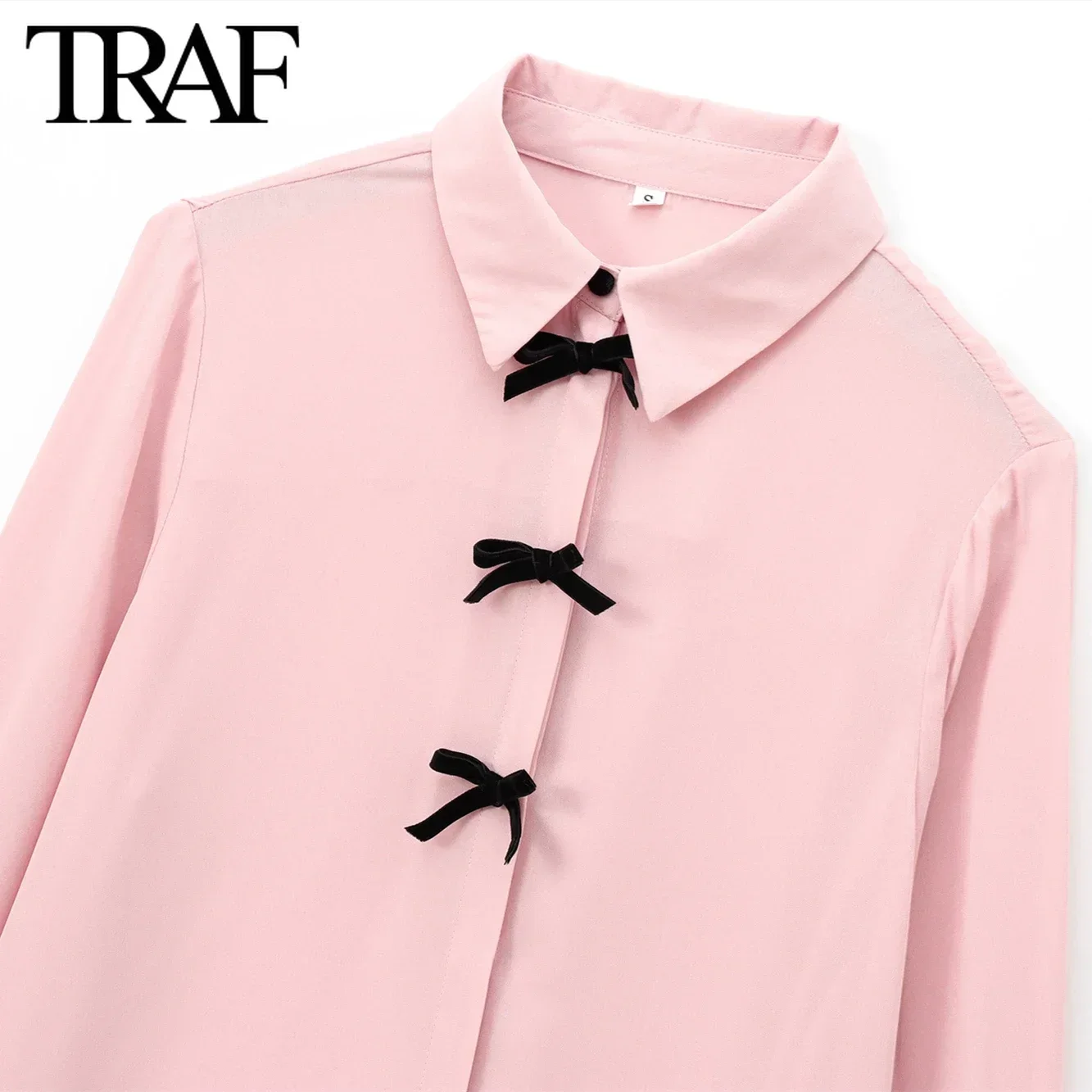 TRAF pink shirts Women Fashion Autumn New Velvet Bow Long Sleeve Single Breasted Lapel Blouse Sweet French Chic Ladies Top