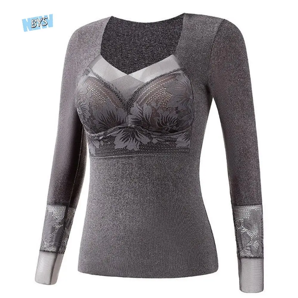 

Lace Women Thermal Clothes Autumn Clothes Invisible Thermal Underwear Feel Heating Mesh V Neck Warmth Long Warm Top Lady