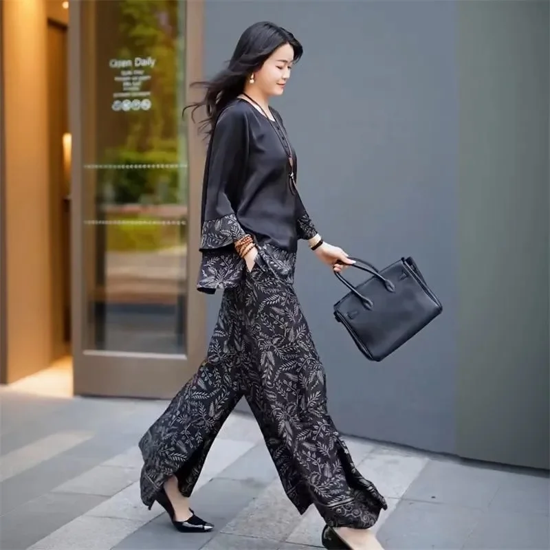 Summer Women Loose Satin Outfit Korean Ladies Leisure Seven Divide Sleeve Pants Two-piece Suit 2025 Female Large Size 4XL 2PCS