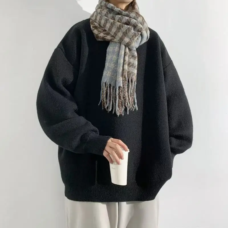 Solid Pullovers Men Loose Warm Knitted Vintage Sweaters Couples All-match Streetwear Casual Handsome Daily