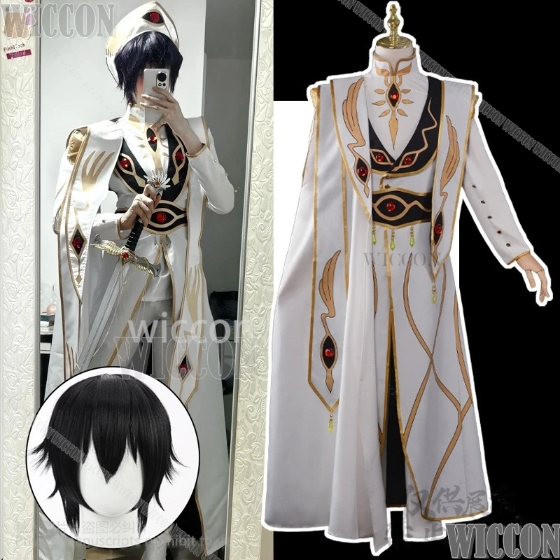 Anime The Lelouch Lamperouge King Cosplay Costume Emperor Cloak White Uniform Wig Hat Adult Man Halloween Christmas Customized