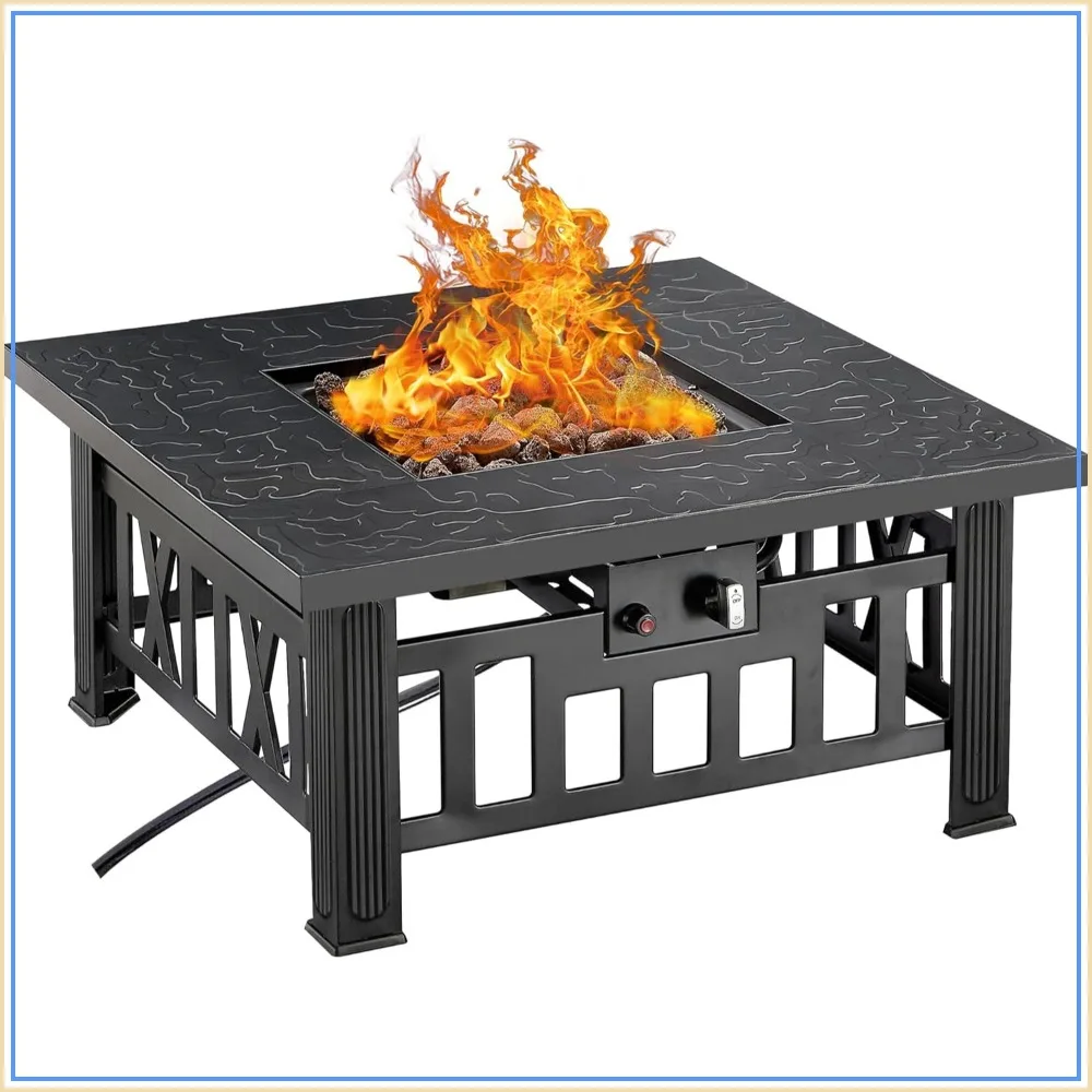 Brasero de Propano de 50,000 BTU, Mesa de Fuego de Gas para Exteriores de 30 Pulgadas con Tapa y Piedras de Lava, Brasero Cuadrado con Llama Ajustable para Patio, Jardín y Fiestas