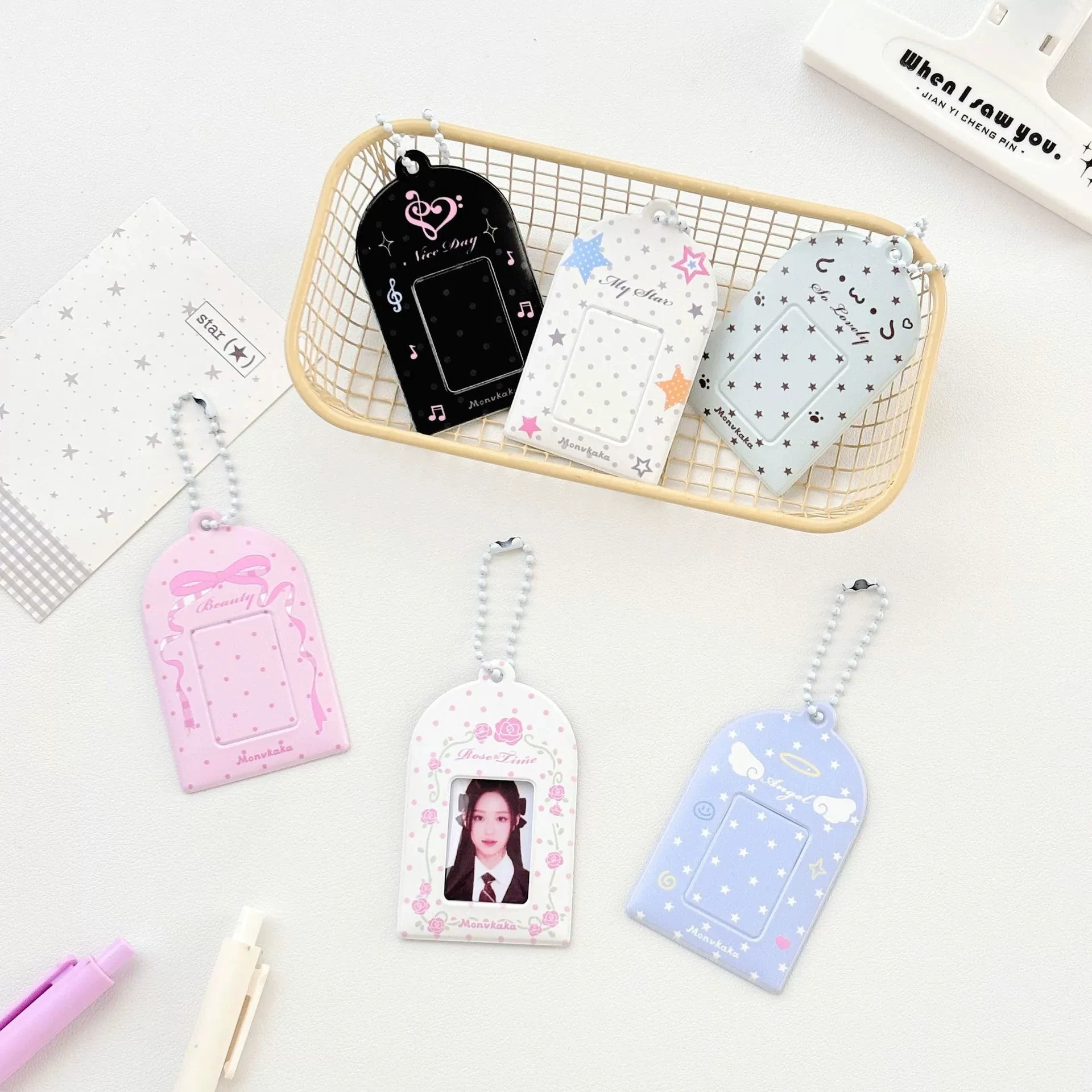 PVC Cute Cartoon Colorful Photo Card Holder Pockets for Mini Photo Sticker & Name Card 1.5x1.5 Inch Photos with Key Chain