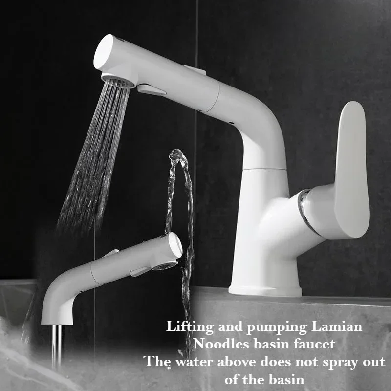 Brass Pull-out Faucet Basin 360° Rotation Dual Mode Bathroom Crane Deck Mounted Hot Cold Water Mixer Tap for Kitchen Bath