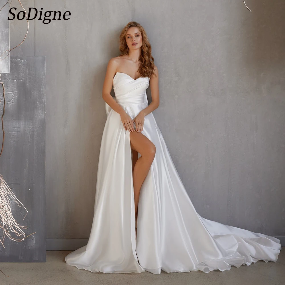 

SoDigne Simple A-line Wedding Dresses Sweetheart Sleeveless Satin Bride Gowns Women Lace Up Bridal Dress with Bow robe de mariée