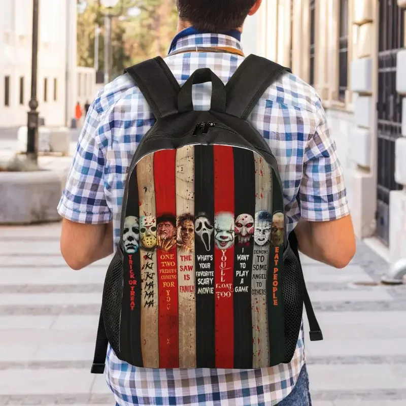 Mochila personalizada de personaje de película de terror de Halloween para mujeres y hombres, bolsa de libros para estudiantes universitarios, se adapta a bolsas para portátiles de 15 pulgadas