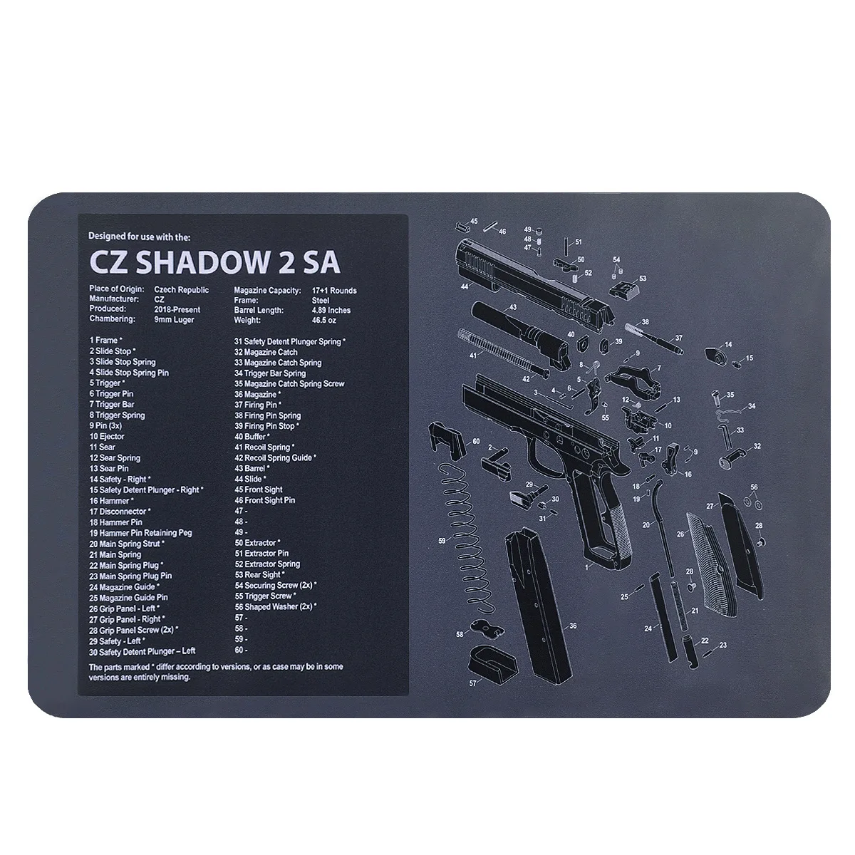 حصيرة تنظيف المسدس التكتيكي - SIG P250 CZ Shadow 2 Glock 17/19 أجزاء مخطط لوحة الماوس مع تعليمات ومطاط غير قابل للانزلاق