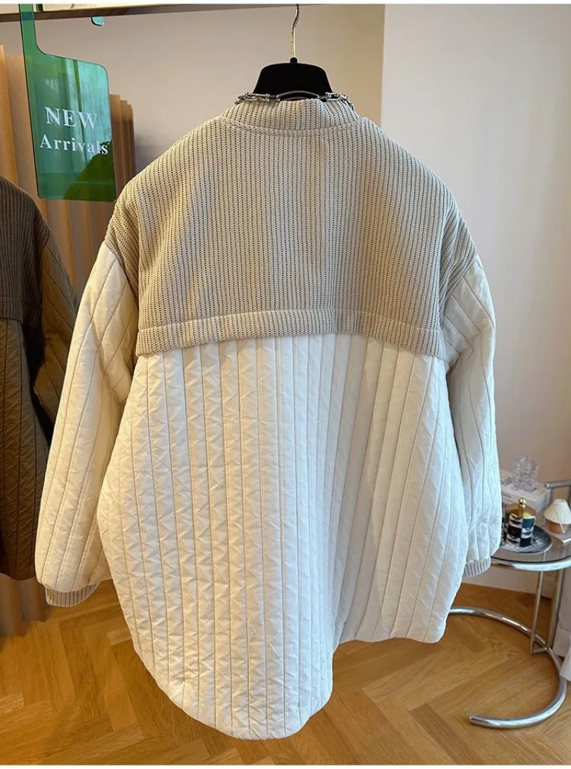 Autumn Winter New Cotton Clothes Women Fashion Single Breasted Loose Knitted Spliced Striped Cotton Coat Women Parkas